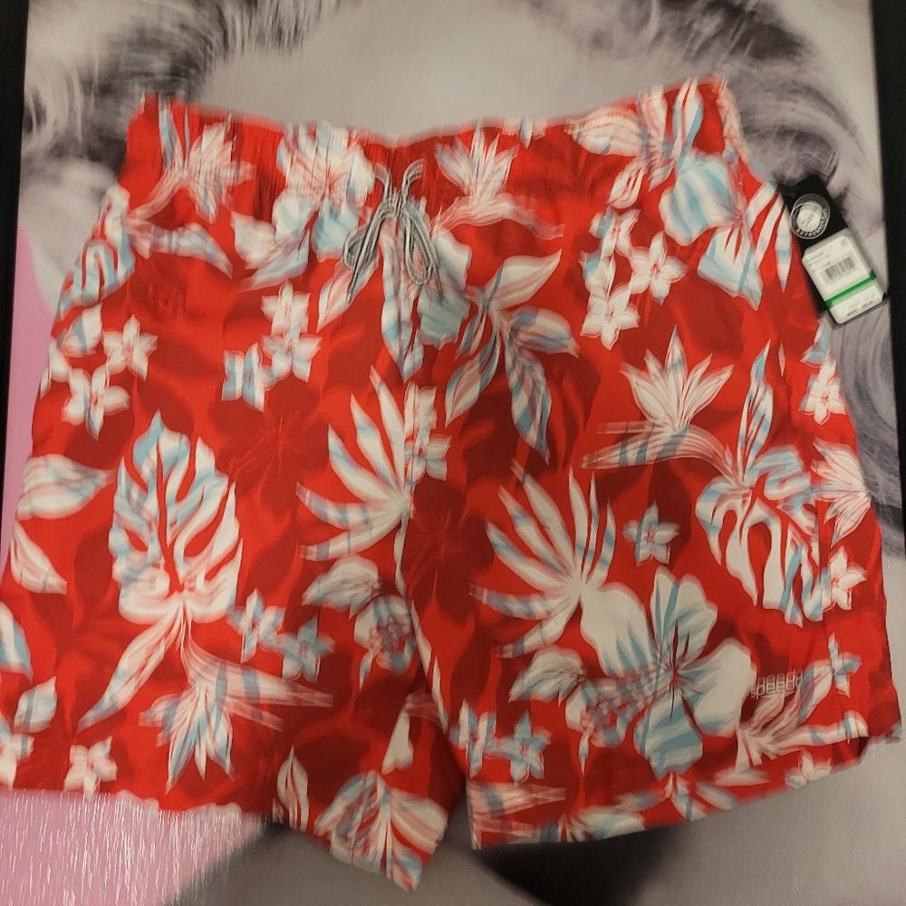 Speedo-Mens Red Floral Swim Trunks. Size Large
